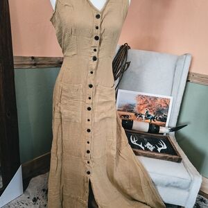 Sleeveless Button-Down Tan Dress